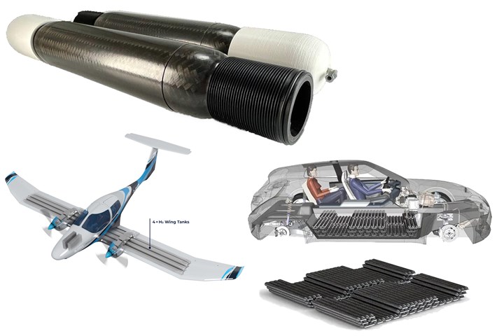 Braided thermoplastic composite H2 tanks with co-consolidated molded boss areas to fit EV battery space